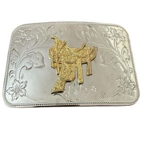 Vintage Western Saddle Filigree Belt Buckle Silver Gold Tone Cowgirl Boho Rustic
